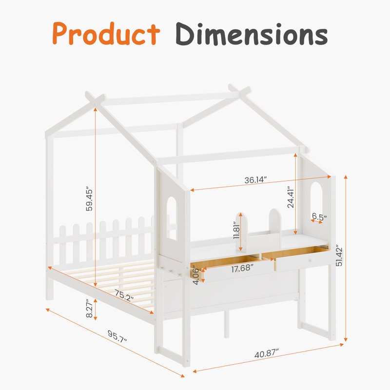 Twin House - Shaped Bed With 2 Drawers Desk, Wood Montessori Bed Frame With House Roof, No Box Spring Needed
