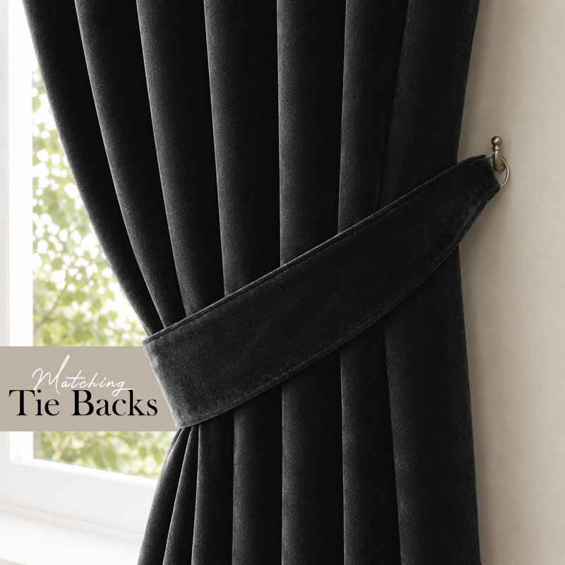 Thermal Velvet Curtains with Eyelet Ring Top - Blackout Crushed Velvet Drapes Pair, Black, 117cm Width x 137cm Drop