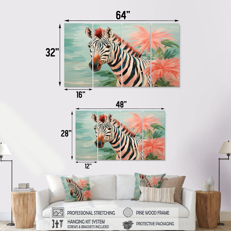 Ensemble de 4 décorations murales roses et vertes Zebra II - Zebra, H 32 po x l 64 po