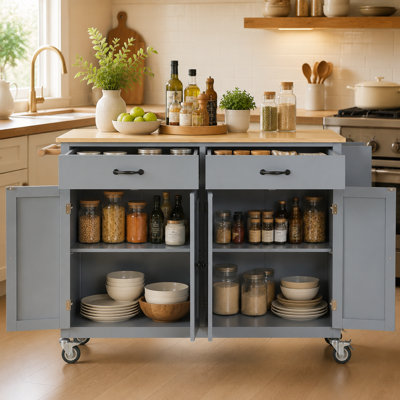 Chariot pour îlot de cuisine de 54,3 pouces de largeur avec armoire et tiroirs, 2 roulettes verrouillables, tablettes réglables