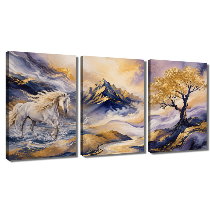3 panneaux muraux, cheval de course, arbre de montagne doré, impression sur toile tendue pour le salon, 24 * 36 pouces * 3