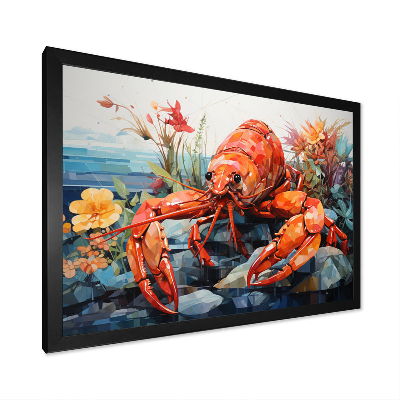 «Coral Yellow Lobster Grace», reproduction géométrique sur toile, H 34 po x l 44 po x P 1,5 po, Cadre simple noir