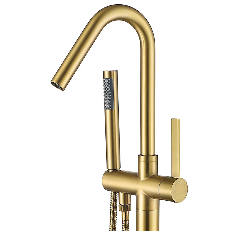 Single Handle Floor Mounted Tub Filler With Handshower, Brusehd Brass