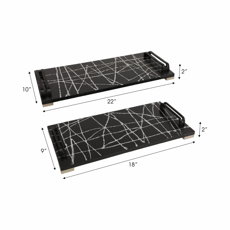 Dubach 18 and 22" Pratt Black Resin Rectangle Trays, 2"H, Abstract Pattern, Set of 2 - 22" x 10" x 2"