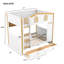 Lit superposé double au-dessus de double avec garde-corps en forme de maison et tablettes et tiroirs de rangement, blanc et naturel
