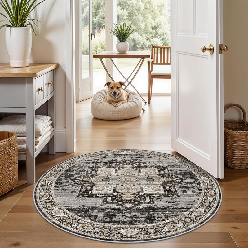 Living Room 4round Area Rugs - Boho Rugs for Bedroom Kitchen Stain Resistant Carpet Vintage Tribal Rugs for Dining Room Bathroom with Non Slip Backing Home Decor Floor Mat 4ft Black