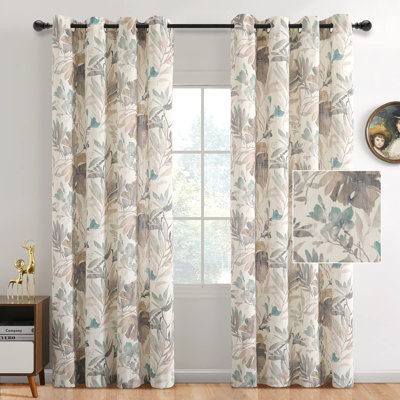 Rideaux à motif floral lin de 84 po de longueur rideaux semi-transparents filtrant la lumière pour le salon Chambre à coucher Impression florale avec œillets 2 panneaux, brun et naturel