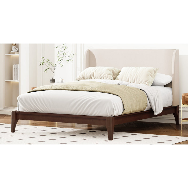 Lit plateforme solide en bois de bambou sec de 12 pouces avec tête de lit tapissier haute de 48 po, Chocolat