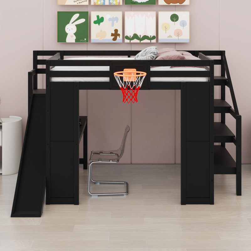 Loft Bed with Desk, Basketball Hoop, Slide and Staircase, Black