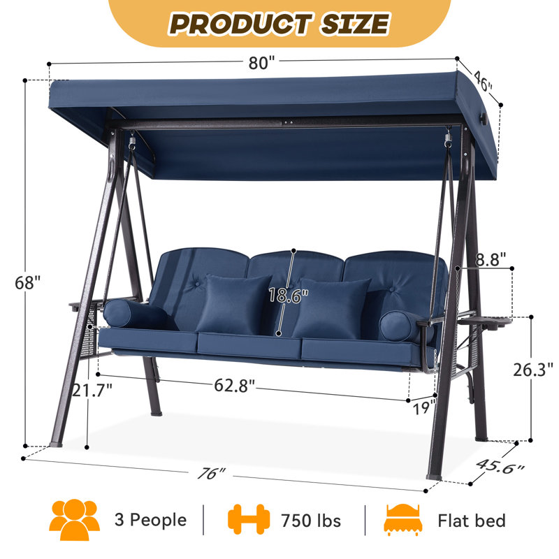 Arlmont & Co. 3-Seat Patio Porch Swing With Adjustable Canopy - Outdoor Swing Featuring Three-Position Backrest, Large Convertible 3-In-1 Swing Bed, Thickened Cushions, Pillows, And Cup Holders - Ideal For Porch, Backyard, Garden