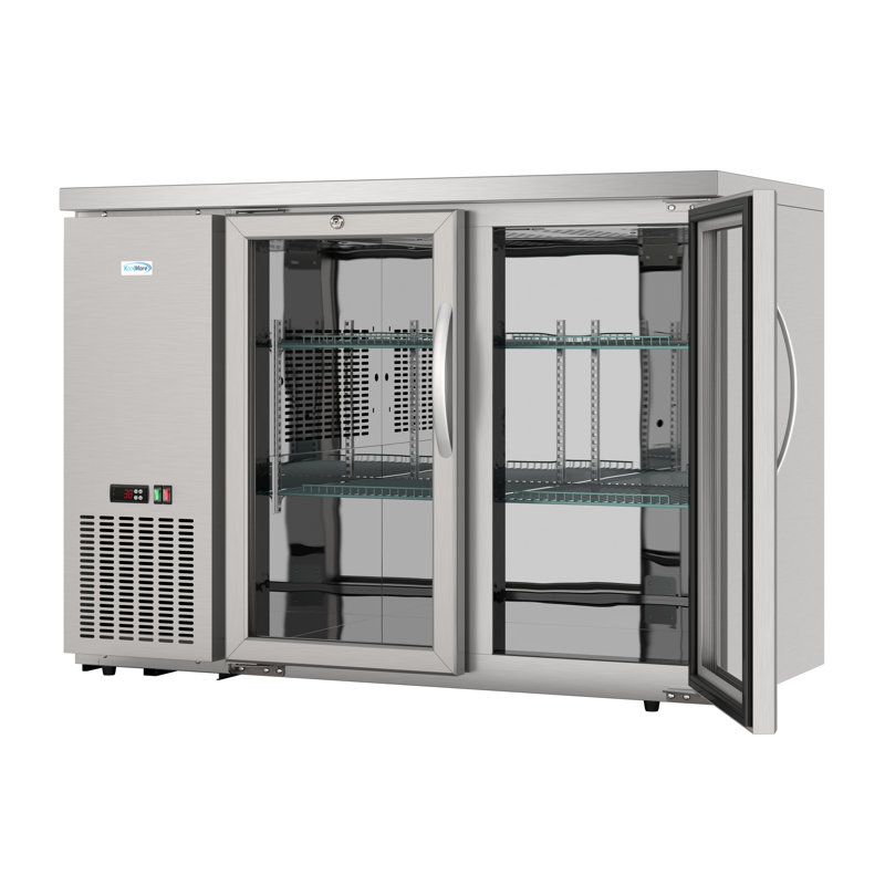 47 in. Commercial Two Glass Door Back Bar Cooler Refrigerator with Side Condenser and Compressor, LED Lighting, 11 Cu. Ft Capacity in Stainless Steel (KM-BC-2GD-SSBK)