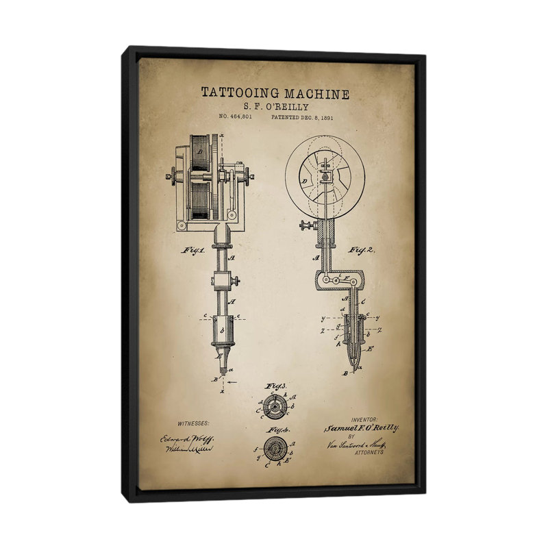 « tatouage brevet », impression sur toile, H 26 po x l 18 po x P 1,5 po, Toile avec cadre noir, Pas de tapis