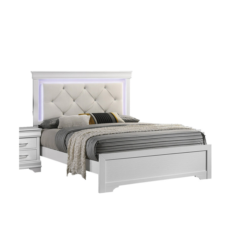 White Faux Leather Tufted Headboard 1Pc Queen Size Bed W LED Bedroom Furniture White Unique Texture FB Solid Wood