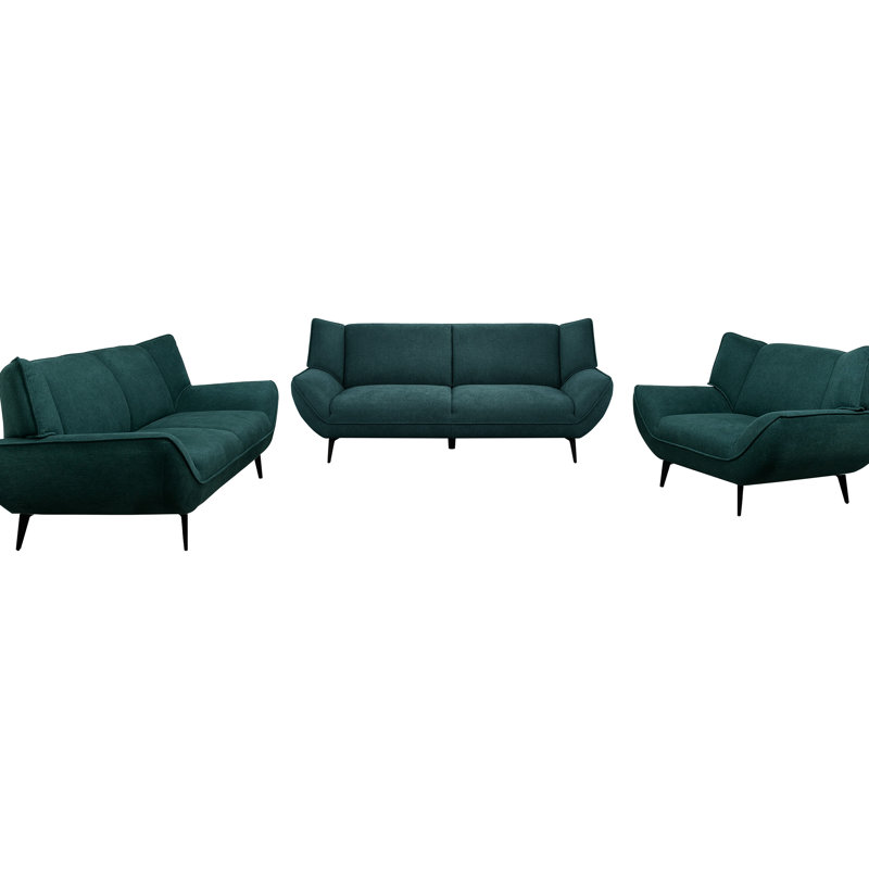 3 avec revêtement bleu sarcelle, style Mid-Century, dossier évasé et serré en bleu, design, accoudoirs, support de coussin non amovible
