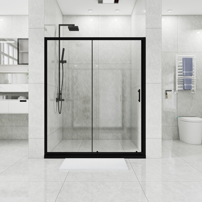 58.7 In. -60 In. W × 72 In. H Sliding Shower  With1/5"  Thick Clear Tempered Glass In Matt Black |    Stainless Steel Handle
