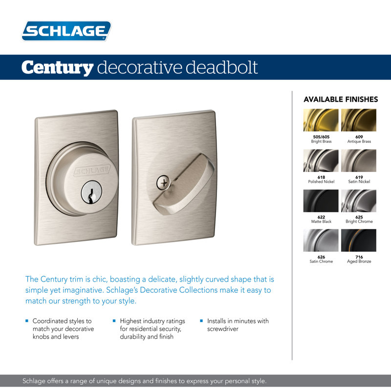 Single Cylinder Deadbolt with Century Trim, Matte Black