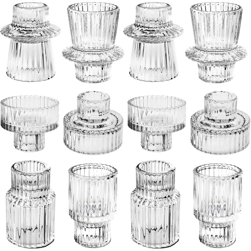 Clear Candlestick Holders 12PCS Ribbed Glass Taper Candle Holders For Tealight Stick Candles Table Centerpieces Thanksgiving Christmas Indoor And Outdoor Decorations