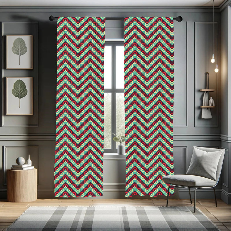Retro Geometric Maroon and Sea Green Polyester Curtain Panels
