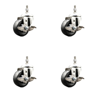 316SS Hard Rubber Wheel Swivel Threaded Stem Caster Set Brake SCC