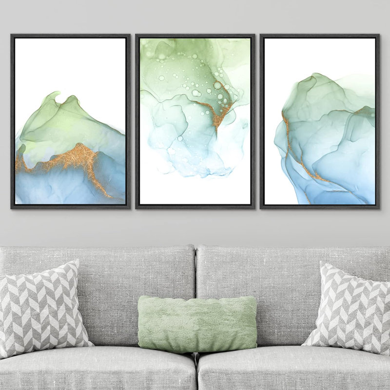 «Smoke Effect», reproduction de fumée aquarelle verte, bleue et dorée, impression sur toile, 3 pièces, Noir