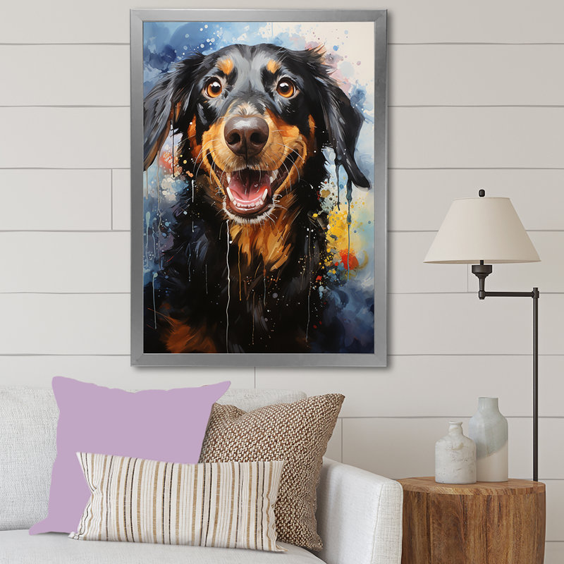 Teckel délice sur toile, H 20 po x l 12 po x P 1 po, Cadre simple argenté