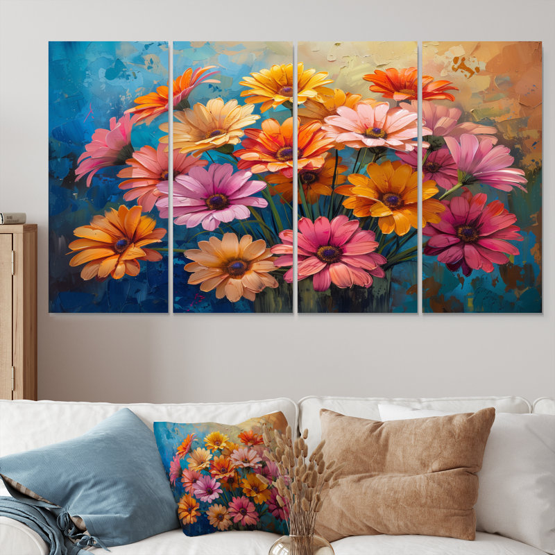 «Vibrant Bloom of Multicolor Daisies Flowers I - Daisies», ensemble d'art sur toile, H 32 po x l 64 po