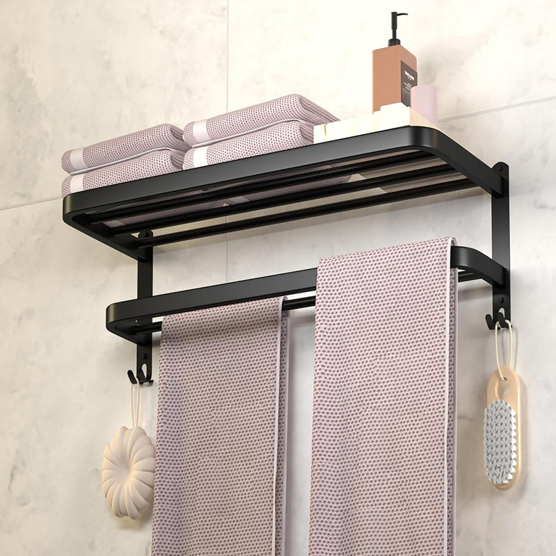 Organisateur de serviettes de salle de bain 15 po, barre double avec crochets, Black