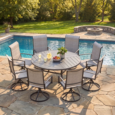 Patio Dining Set with 60" Metal Round Dining Table and 8 Padded PVC-coated polyester Swivel Chairs