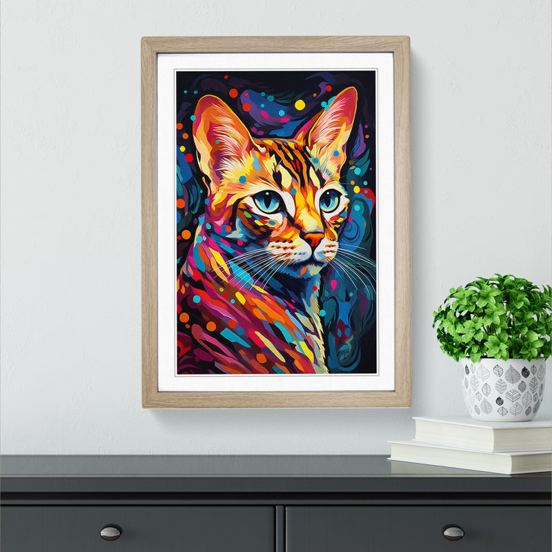Bengal Cat Orphism No.2 - Single Picture Frame Print on Wood, 46cm H x 34cm W x 2cm D, Oak