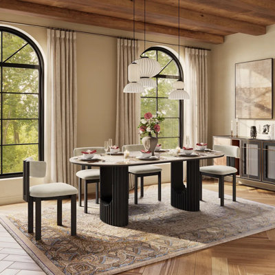 Mid-Century Modern Oval Dining Table For 8, Scratch-Resistant Glossy Sintered Stone Top & Walnut Fluted Pedestal Base, Easy-To-Clean Kitchen Table, Fluted Dining Table, Japandi Dining Table