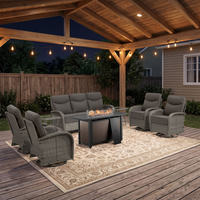 Ensemble de conversation pour foyer extérieur en osier 8 pièces avec canapé, fauteuils pivotants et repose-pieds 8 pièces