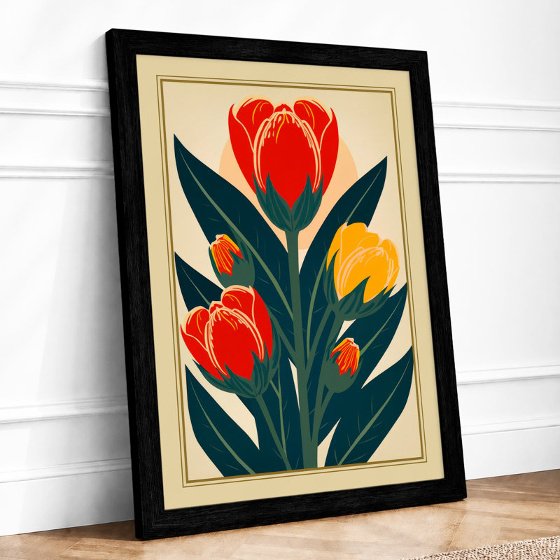Tulip Triptych Art Deco - Framed Print, Black, A3 - 42.0 x 29.7 cm