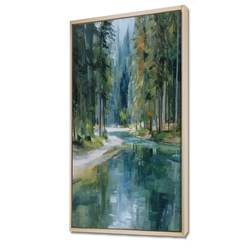 «Pine Trees Fraser River Calming Current», art sur toile, paysage vert, H 60 po x l 28 po, Cadre flottant, Crème