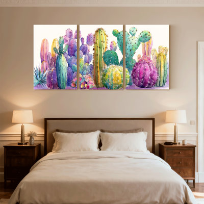Plantes et fleurs, cactus colorés, ensemble de 3 reproductions d'art sur toile