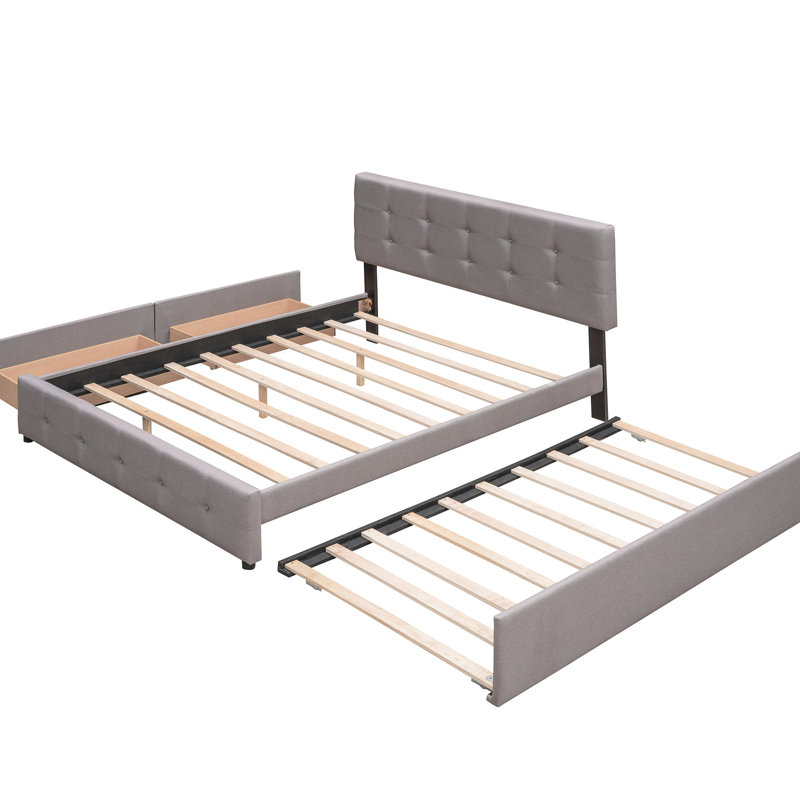 Upholstered Platform Bed With 2 Drawers And Twin Xl Trundle In Delicate Gray Storage- &, Full, Light Gray