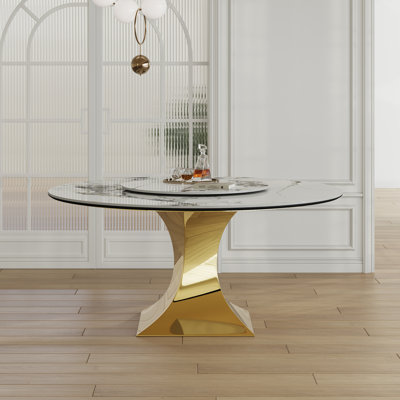 59" Round Sintered Stone Dining Table Set with Stainless Steel Black Titanium Hourglass Base – Modern Luxury Marble-Look Kitchen Table for 4-6, Scratch & Heat Resistant Surface-(Only table)