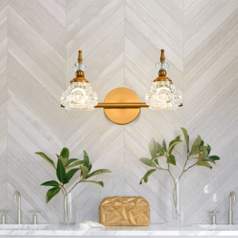Luminaire de meuble-lavabo doré Golden Elegant Vintage | Éclairage de salle de bain à deux lumières avec abat-jour en cristal exquis, semi-encastré, extrémité polie, convient à plusieurs pièces
