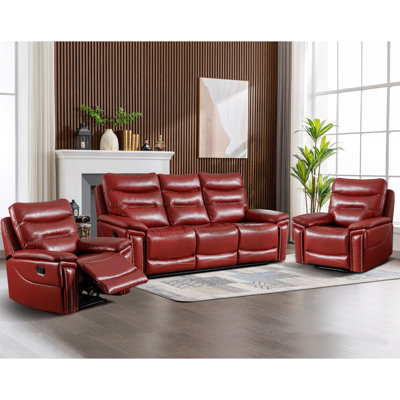 3 - Piece Breathable Leather Brass Rivet Manual Reclining Living Room Set, 2 Armchair Sofa -  Red Barrel StudioÂ®, 1115A6FDCA8A44C590946EDEF7AF1653