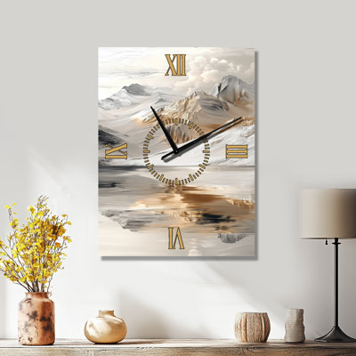 Reflets de la Montagne Dorée I - Horloge murale décorative Japandi, imprimée sur métal