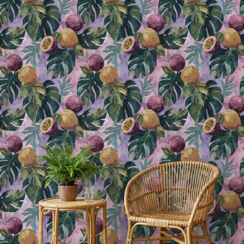 Papier peint tropical avec feuilles de fruits et feuilles décoratives, Non tissé, non collé