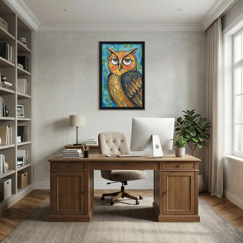 Animaux hibou coloré avec des motifs et des symboles abstraits, H 18 po x l 12 po