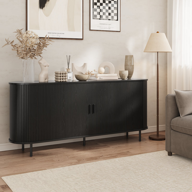 Buffet avec grand tiroir, buffet avec porte coulissante Tambour et tablette réglable, 70'' W X 30'' H X 15.35'' D, Noir