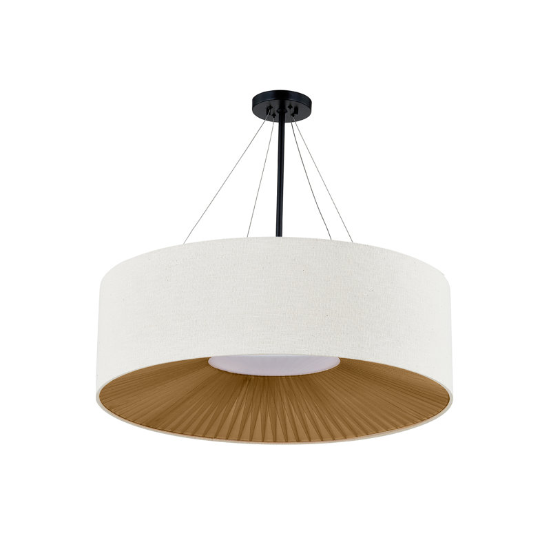 Textile - Luminaire suspendu tambour Warren - Noir mat - Abat-jour en tissu crème, H 15 po x l 48 po x P 48 po