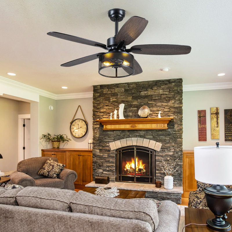 Farmhouse Ceiling Fan With Light And Remote,48" Black Industrial Caged Flush Mount Ceiling Fans For Bedroom (Bulbs not Included)
