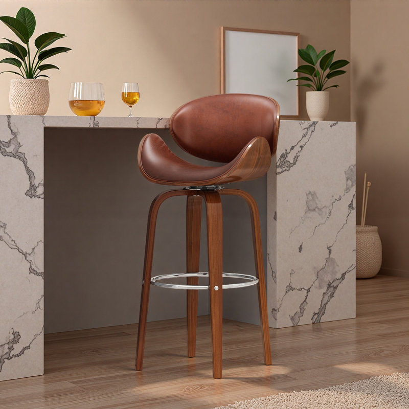 30" Mid-Century Modern Upholstered Swivel Barstool, Cognac