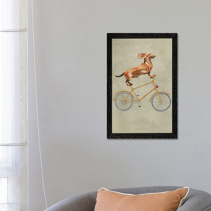 Dachshund On Bicycle I by Coco De Paris - Print on Canvas, 101.6 cm H x 66.04 cm W, Black Framed
