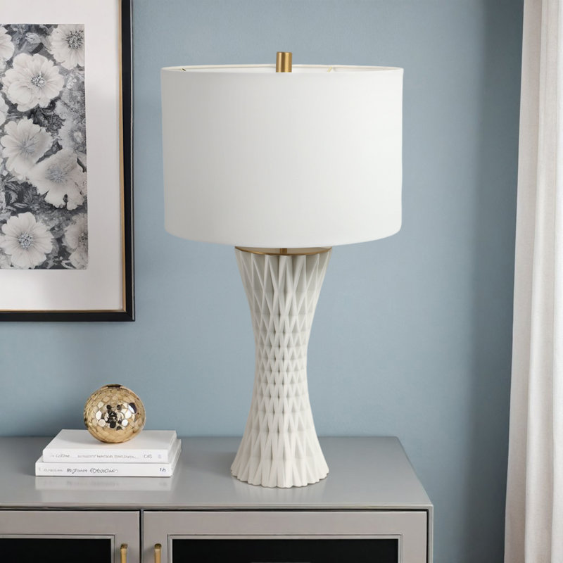 Stoneware & Porcelain Table Lamp With Textured Base And Fabric Drum Shade - 26" Tall, White & Gold Modern Accent Lighting For Home & Office
