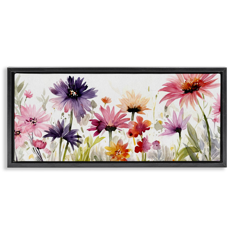 Fleurs roses et mauves, H 11 po x l 25 po, Cadre flottant noir de jais