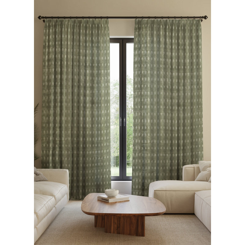 Green Handmade Block Print , Pinch Pleated Curtian Heavy Linen Kitchen or Office Hook Drape Elegant Summer, Spring Home Décor 100% Blackout, Omji