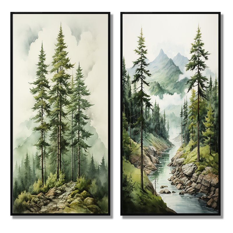 «Green Pine Tree Eernal Guardians», 2 pièces, Cadre noir, H 32 po x l 32 po